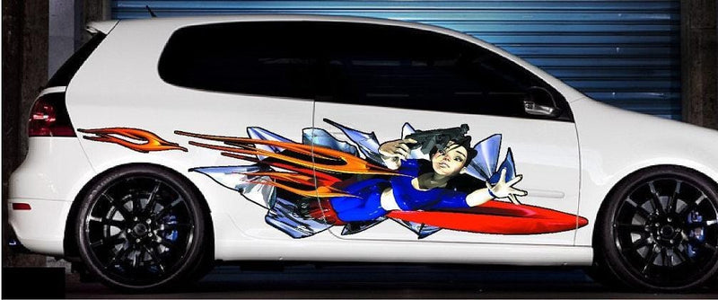 anime girl with gun graphic on white car